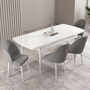 Milas Beyaz 80x132 Mdf Açılabilir Mutfak Masası Takımı 4 Adet Sandalye Gri