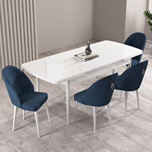 Milas Beyaz 80x132 Mdf Açılabilir Mutfak Masası Takımı 4 Adet Sandalye Lacivert