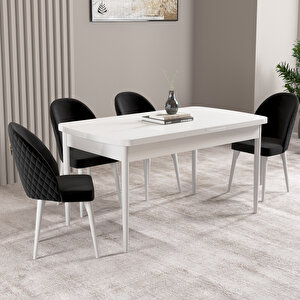 Milas Beyaz 80x132 Mdf Açılabilir Mutfak Masası Takımı 4 Adet Sandalye Siyah