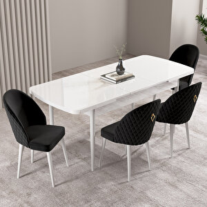 Milas Beyaz 80x132 Mdf Açılabilir Mutfak Masası Takımı 4 Adet Sandalye Siyah