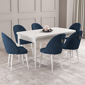 Calvin Beyaz 80x132 Mdf Açılabilir Mutfak Masası Takımı 6 Adet Sandalye Lacivert