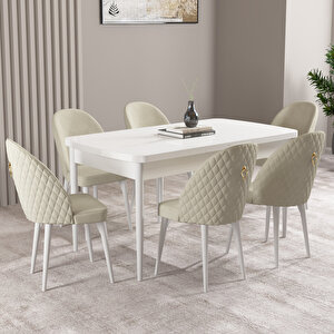 Milas Beyaz 80x132 Mdf Açılabilir Mutfak Masası Takımı 6 Adet Sandalye Krem