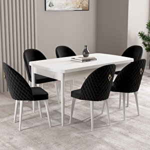 Milas Beyaz 80x132 Mdf Açılabilir Mutfak Masası Takımı 6 Adet Sandalye Siyah
