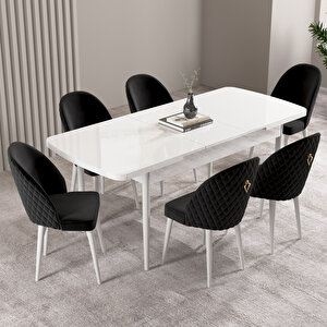 Milas Beyaz 80x132 Mdf Açılabilir Mutfak Masası Takımı 6 Adet Sandalye Siyah