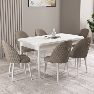 Milas Beyaz 80x132 Mdf Açılabilir Mutfak Masası Takımı 6 Adet Sandalye Cappucino