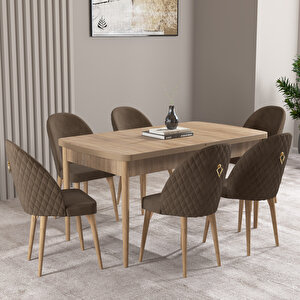 Milas Meşe Desen 80x132 Mdf Açılabilir Mutfak Masası Takımı 6 Adet Sandalye Kahve