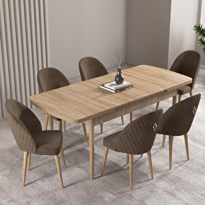 Milas Meşe Desen 80x132 Mdf Açılabilir Mutfak Masası Takımı 6 Adet Sandalye Kahve