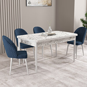 Milas Beyaz Mermer Desen 80x132 Mdf Açılabilir Mutfak Masası Takımı 4 Adet Sandalye Lacivert