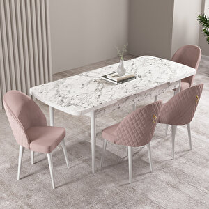 Milas Beyaz Mermer Desen 80x132 Mdf Açılabilir Mutfak Masası Takımı 4 Adet Sandalye Pembe