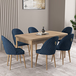 Milas Meşe Desen 80x132 Mdf Açılabilir Mutfak Masası Takımı 6 Adet Sandalye Lacivert
