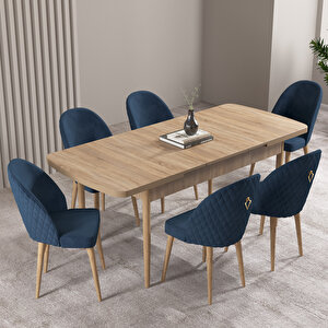 Milas Meşe Desen 80x132 Mdf Açılabilir Mutfak Masası Takımı 6 Adet Sandalye Lacivert