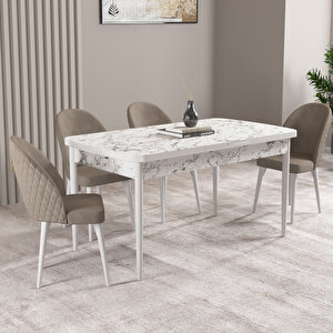 Milas Beyaz Mermer Desen 80x132 Mdf Açılabilir Mutfak Masası Takımı 4 Adet Sandalye Cappucino