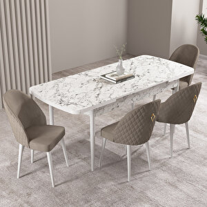 Milas Beyaz Mermer Desen 80x132 Mdf Açılabilir Mutfak Masası Takımı 4 Adet Sandalye Cappucino