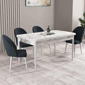 Milas Beyaz Mermer Desen 80x132 Mdf Açılabilir Mutfak Masası Takımı 4 Adet Sandalye Antrasit