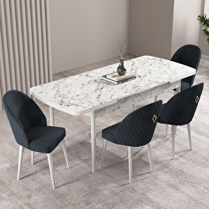 Milas Beyaz Mermer Desen 80x132 Mdf Açılabilir Mutfak Masası Takımı 4 Adet Sandalye Antrasit