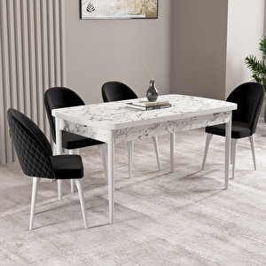 Milas Beyaz Mermer Desen 80x132 Mdf Açılabilir Mutfak Masası Takımı 4 Adet Sandalye Siyah