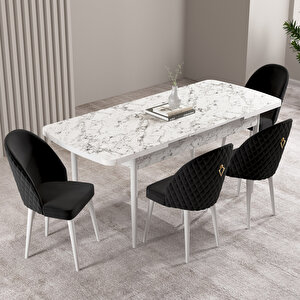 Milas Beyaz Mermer Desen 80x132 Mdf Açılabilir Mutfak Masası Takımı 4 Adet Sandalye Siyah