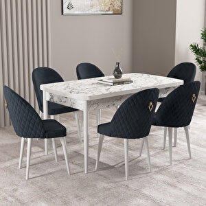 Milas Beyaz Mermer Desen 80x132 Mdf Açılabilir Mutfak Masası Takımı 6 Adet Sandalye Antrasit