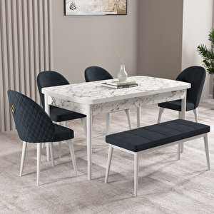 Milas Beyaz Mermer Desen 80x132 Mdf Açılabilir Mutfak Masası Takımı 4 Sandalye, 1 Bench Antrasit