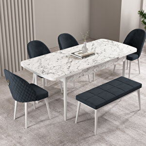 Milas Beyaz Mermer Desen 80x132 Mdf Açılabilir Mutfak Masası Takımı 4 Sandalye, 1 Bench Antrasit