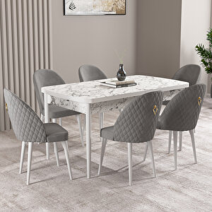 Milas Beyaz Mermer Desen 80x132 Mdf Açılabilir Mutfak Masası Takımı 6 Adet Sandalye Gri
