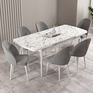 Milas Beyaz Mermer Desen 80x132 Mdf Açılabilir Mutfak Masası Takımı 6 Adet Sandalye Gri