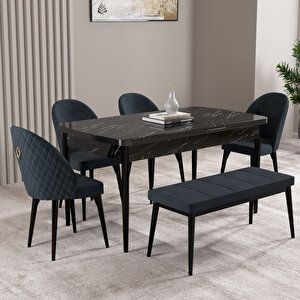 Milas Siyah Mermer Desen 80x132 Mdf Açılabilir Mutfak Masası Takımı 4 Sandalye, 1 Bench Antrasit