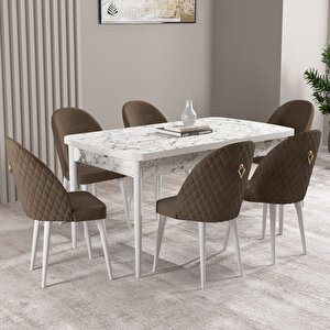 Milas Beyaz Mermer Desen 80x132 Mdf Açılabilir Mutfak Masası Takımı 6 Adet Sandalye Kahve