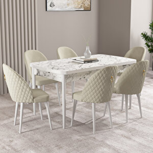 Milas Beyaz Mermer Desen 80x132 Mdf Açılabilir Mutfak Masası Takımı 6 Adet Sandalye Krem