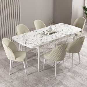 Milas Beyaz Mermer Desen 80x132 Mdf Açılabilir Mutfak Masası Takımı 6 Adet Sandalye Krem