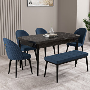 Milas Siyah Mermer Desen 80x132 Mdf Açılabilir Mutfak Masası Takımı 4 Sandalye, 1 Bench Lacivert