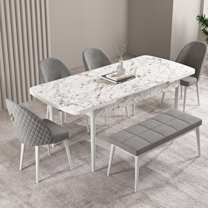 Milas Beyaz Mermer Desen 80x132 Mdf Açılabilir Mutfak Masası Takımı 4 Sandalye, 1 Bench Gri