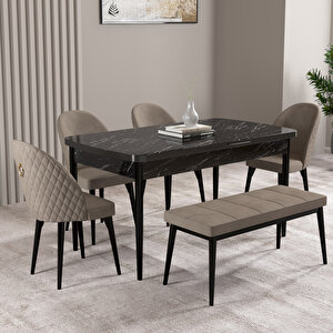 Milas Siyah Mermer Desen 80x132 Mdf Açılabilir Mutfak Masası Takımı 4 Sandalye, 1 Bench