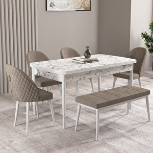 Milas Beyaz Mermer Desen 80x132 Mdf Açılabilir Mutfak Masası Takımı 4 Sandalye, 1 Bench Cappucino