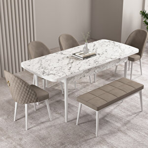 Milas Beyaz Mermer Desen 80x132 Mdf Açılabilir Mutfak Masası Takımı 4 Sandalye, 1 Bench Cappucino