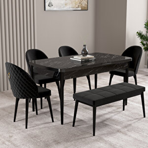 Milas Siyah Mermer Desen 80x132 Mdf Açılabilir Mutfak Masası Takımı 4 Sandalye, 1 Bench Siyah