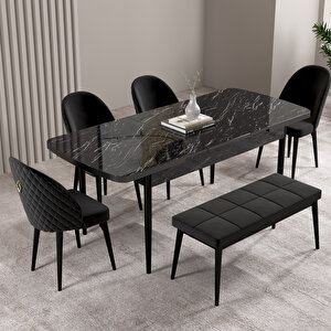 Milas Siyah Mermer Desen 80x132 Mdf Açılabilir Mutfak Masası Takımı 4 Sandalye, 1 Bench Siyah
