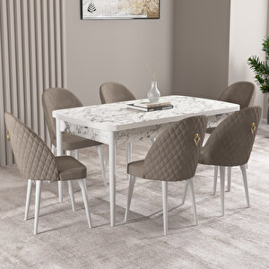 Milas Beyaz Mermer Desen 80x132 Mdf Açılabilir Mutfak Masası Takımı 6 Adet Sandalye Cappucino