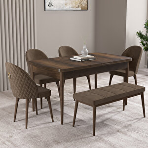 Milas Barok Desen 80x132 Mdf Açılabilir Mutfak Masası Takımı 4 Sandalye, 1 Bench Kahve