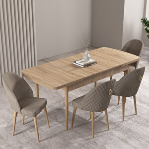 Milas Meşe Desen 80x132 Mdf Açılabilir Mutfak Masası Takımı 4 Adet Sandalye Cappucino