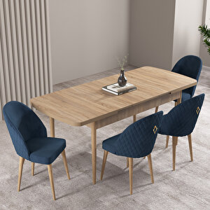 Milas Meşe Desen 80x132 Mdf Açılabilir Mutfak Masası Takımı 4 Adet Sandalye Lacivert
