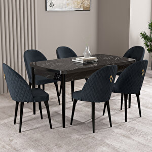 Milas Siyah Mermer Desen 80x132 Mdf Açılabilir Mutfak Masası Takımı 6 Adet Sandalye Antrasit