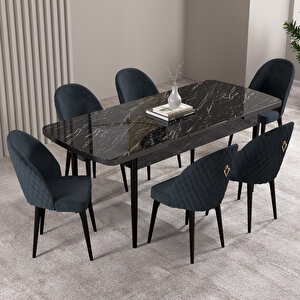 Milas Siyah Mermer Desen 80x132 Mdf Açılabilir Mutfak Masası Takımı 6 Adet Sandalye Antrasit