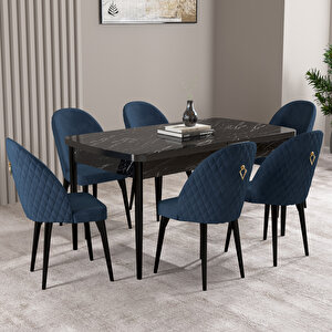 Milas Siyah Mermer Desen 80x132 Mdf Açılabilir Mutfak Masası Takımı 6 Adet Sandalye Lacivert