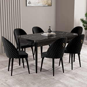 Milas Siyah Mermer Desen 80x132 Mdf Açılabilir Mutfak Masası Takımı 6 Adet Sandalye Siyah