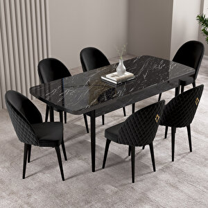 Milas Siyah Mermer Desen 80x132 Mdf Açılabilir Mutfak Masası Takımı 6 Adet Sandalye Siyah