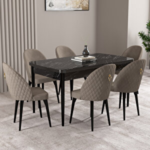 Milas Siyah Mermer Desen 80x132 Mdf Açılabilir Mutfak Masası Takımı 6 Adet Sandalye Cappucino