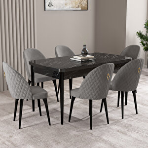 Milas Siyah Mermer Desen 80x132 Mdf Açılabilir Mutfak Masası Takımı 6 Adet Sandalye Gri