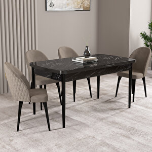 Milas Siyah Mermer Desen 80x132 Mdf Açılabilir Mutfak Masası Takımı 4 Adet Sandalye Cappucino