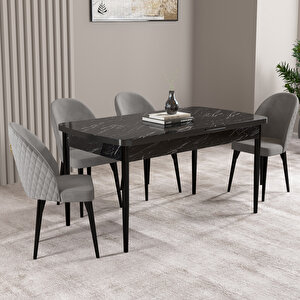 Milas Siyah Mermer Desen 80x132 Mdf Açılabilir Mutfak Masası Takımı 4 Adet Sandalye Gri